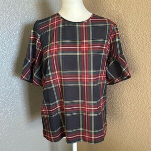 JCREW - size S - plaid blouse ruffle sleeve red blue green preppy